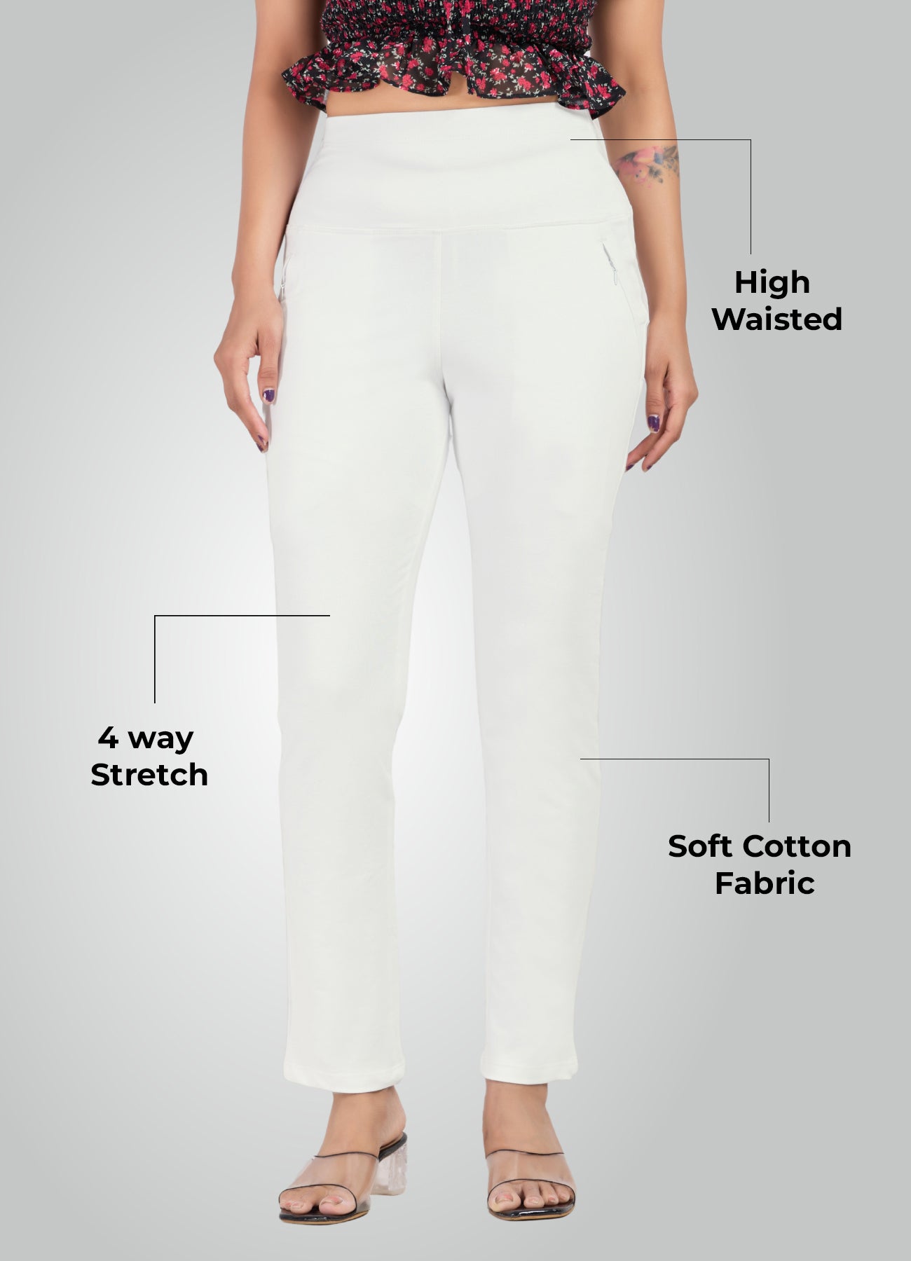 WHITE 4-WAY STRETCH COTTON HIGH WAIST PANT