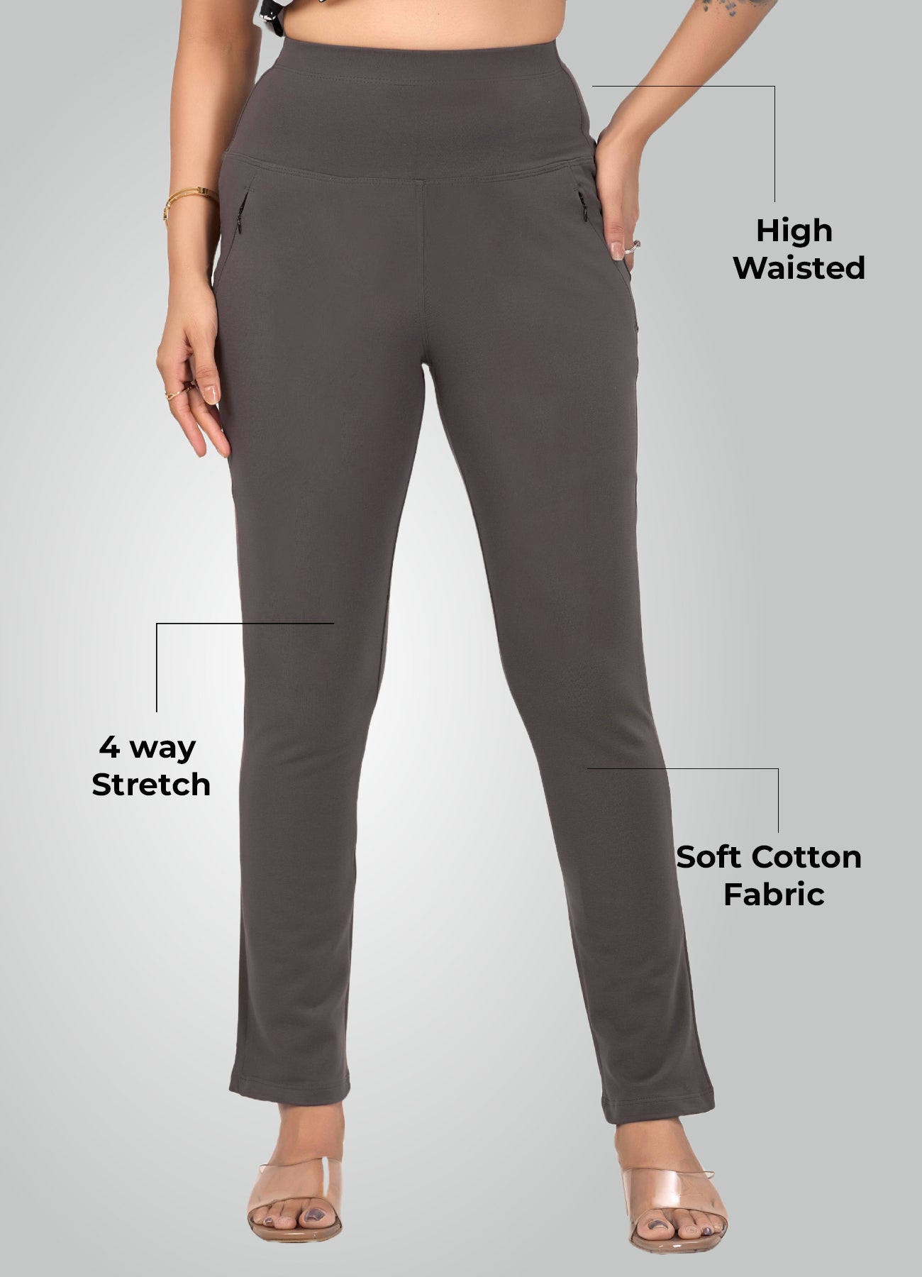 DARK GREY 4-WAY STRETCH COTTON HIGH WAIST PANT