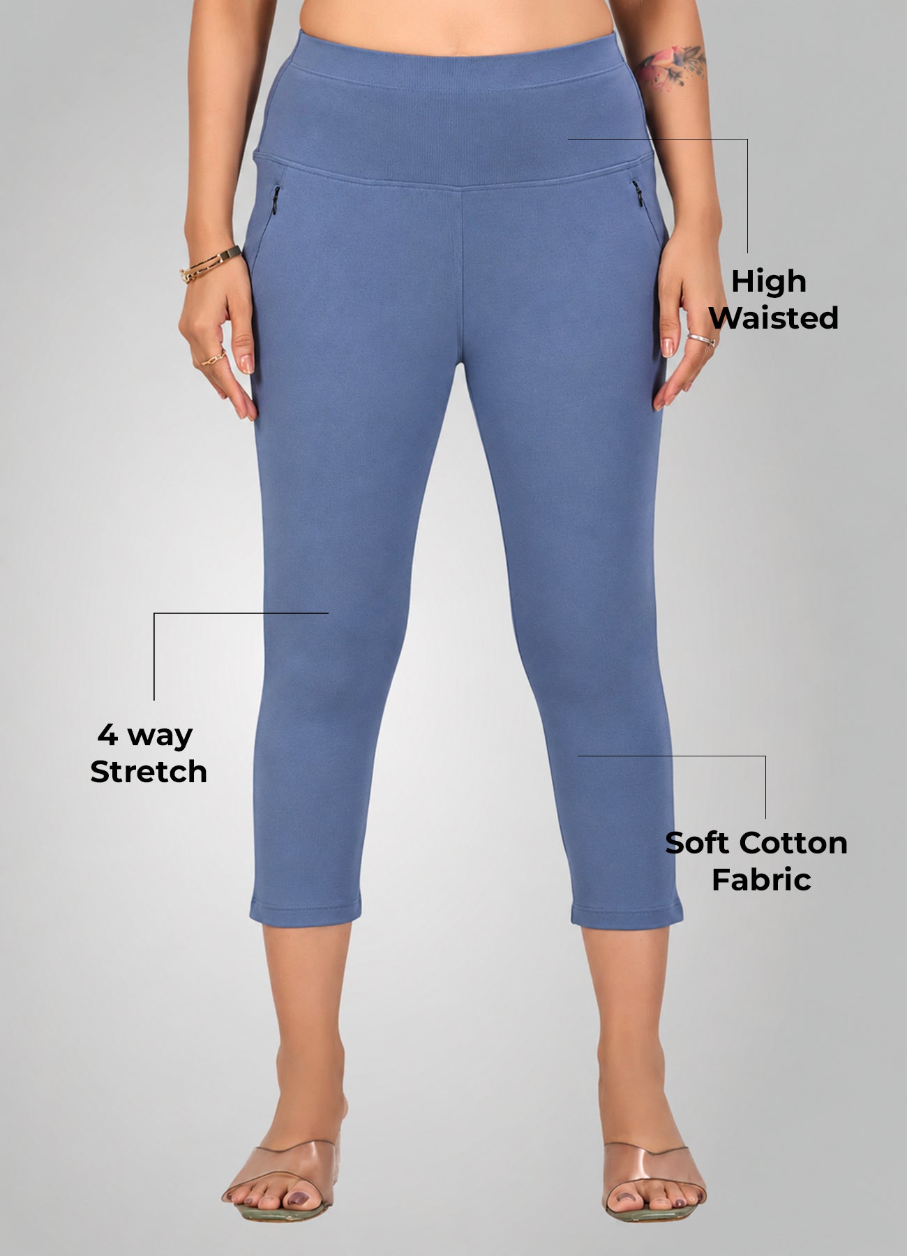 DENIM BLUE 4-WAY STRETCH COTTON HIGH WAIST CAPRI