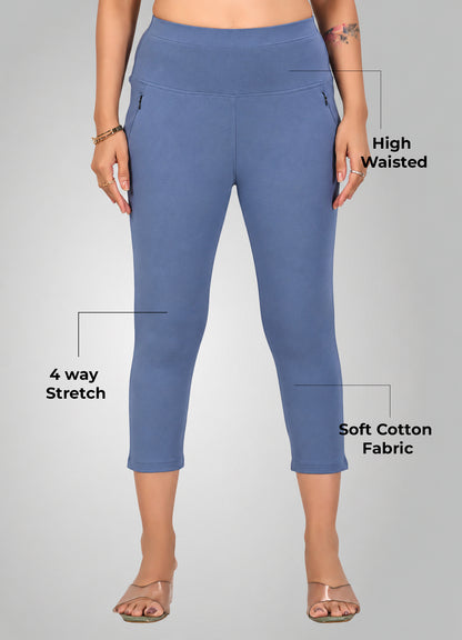 DENIM BLUE 4-WAY STRETCH COTTON HIGH WAIST CAPRI