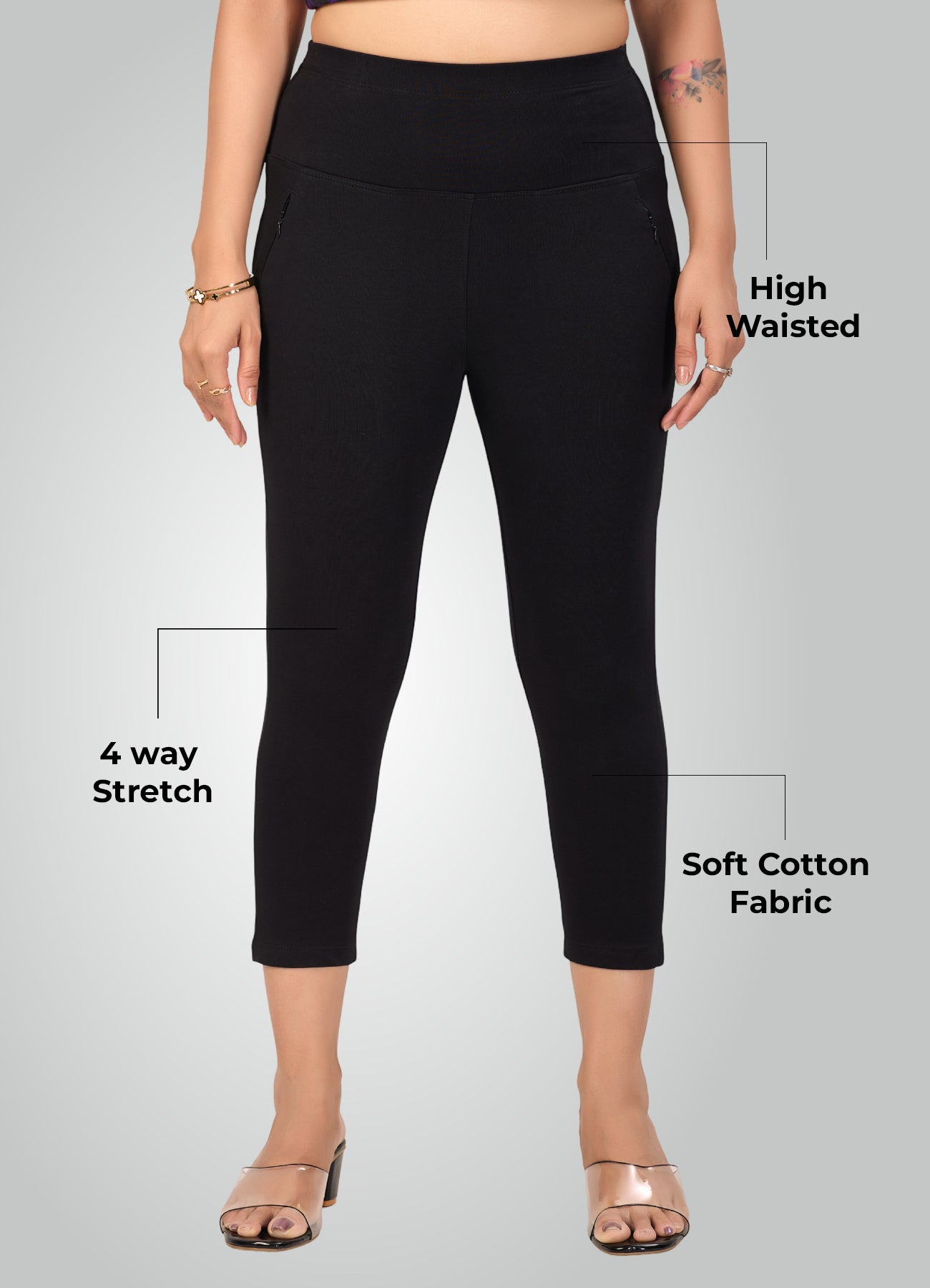 BLACK 4-WAY STRETCH COTTON HIGH WAIST CAPRI