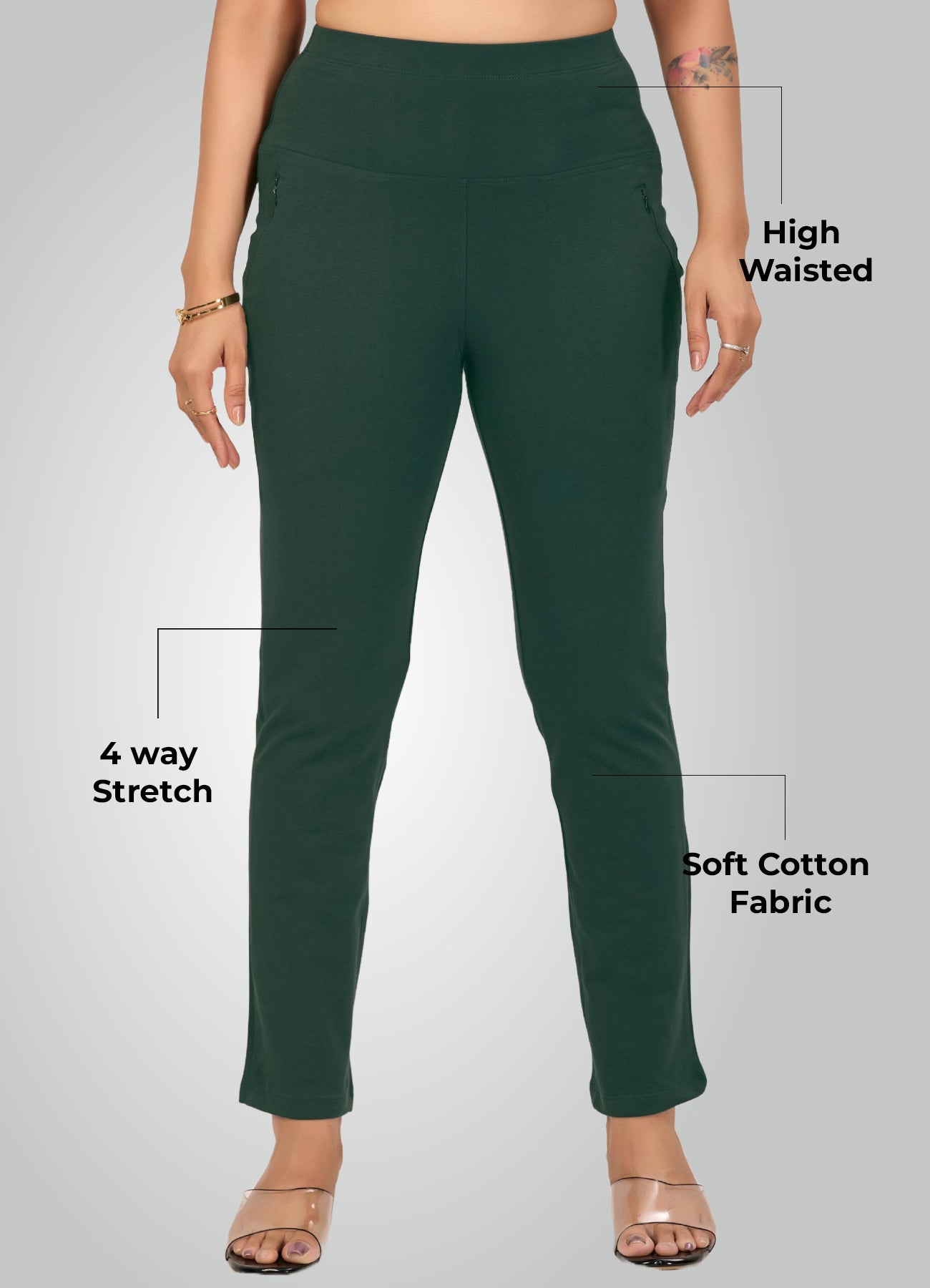 BOTTLE GREEN 4-WAY STRETCH COTTON HIGH WAIST PANT