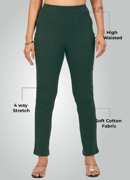 BOTTLE GREEN 4-WAY STRETCH COTTON HIGH WAIST PANT