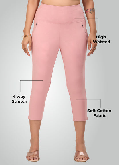 FLAMINGO PINK 4-WAY STRETCH COTTON HIGH WAIST CAPRI