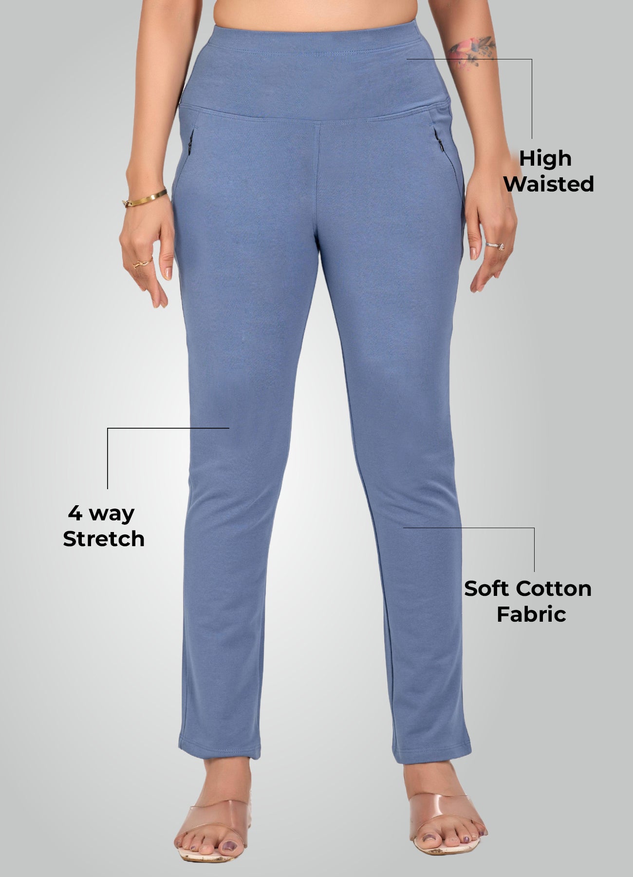 DENIM BLUE 4-WAY STRETCH COTTON HIGH WAIST PANT