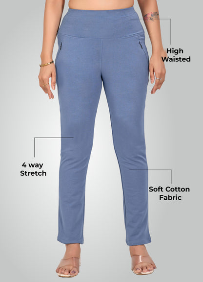 DENIM BLUE 4-WAY STRETCH COTTON HIGH WAIST PANT