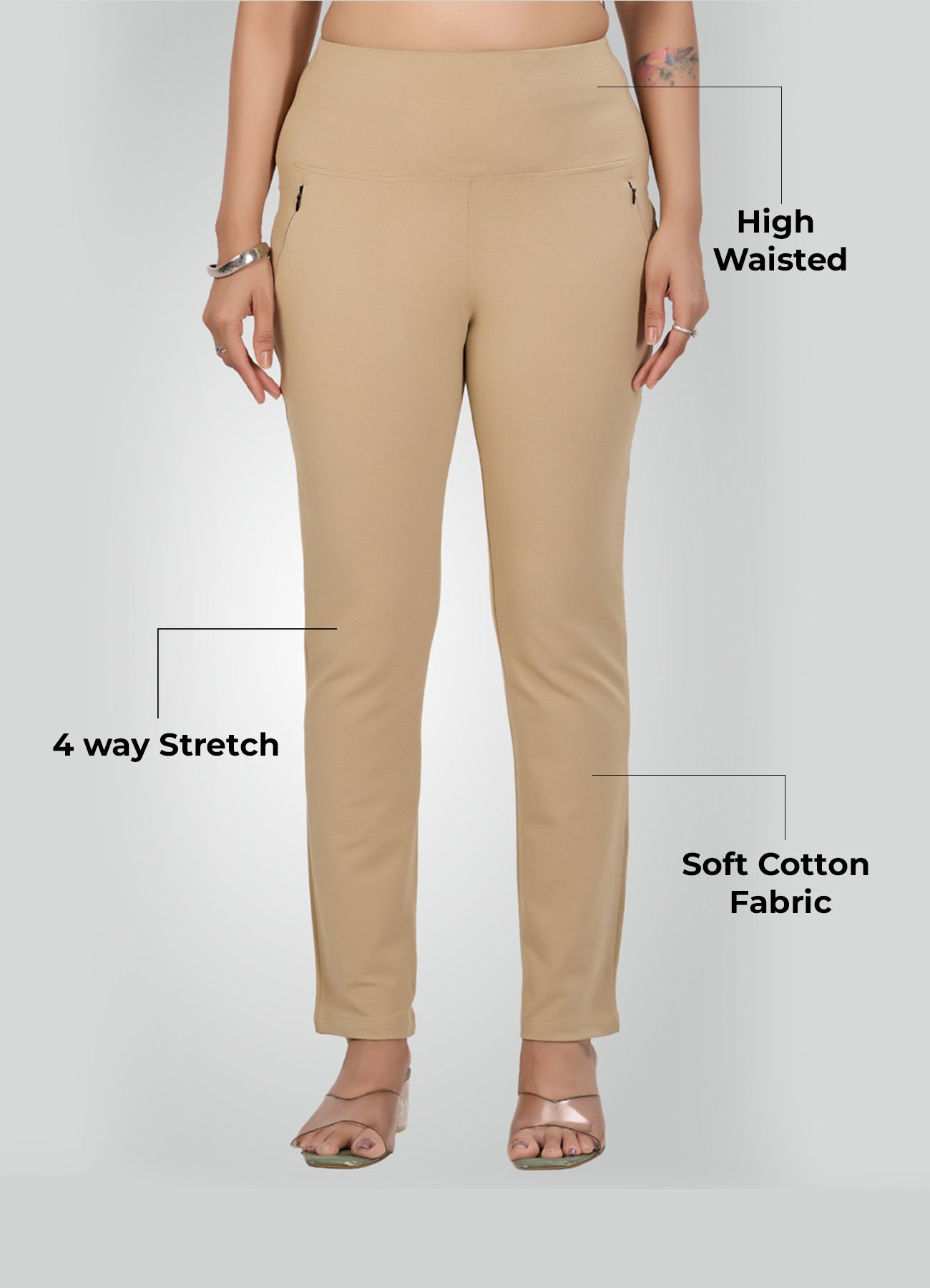 BEIGE 4-WAY STRETCH COTTON HIGH WAIST PANT