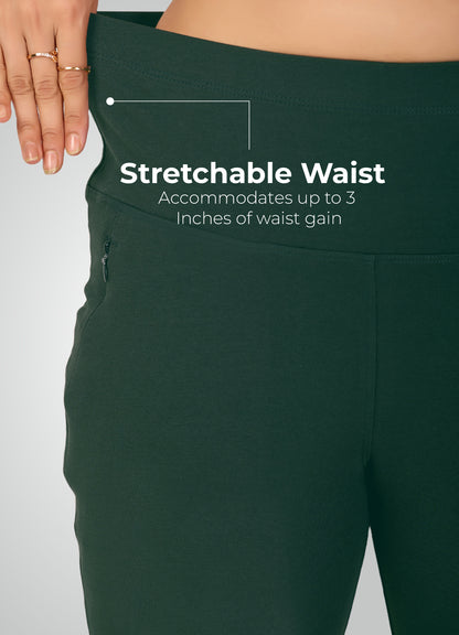 BOTTLE GREEN 4-WAY STRETCH COTTON HIGH WAIST PANT