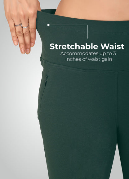 BOTTLE GREEN 4-WAY STRETCH COTTON HIGH WAIST CAPRI