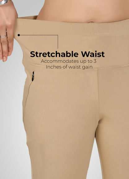 BEIGE 4-WAY STRETCH COTTON HIGH WAIST PANT