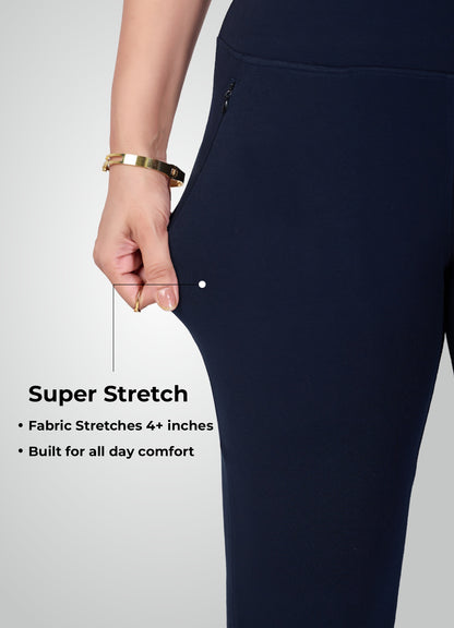 NAVY BLUE 4-WAY STRETCH COTTON HIGH WAIST PANT