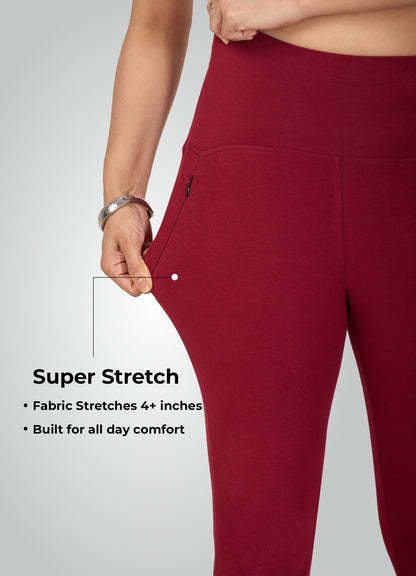 MAROON 4-WAY STRETCH COTTON HIGH WAIST PANT