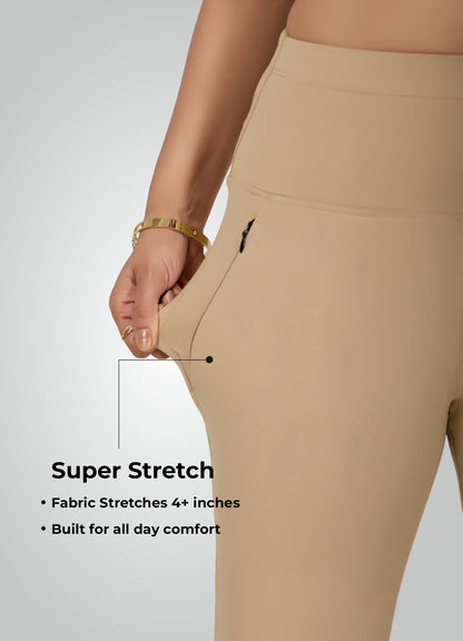 BEIGE 4-WAY STRETCH COTTON HIGH WAIST CAPRI