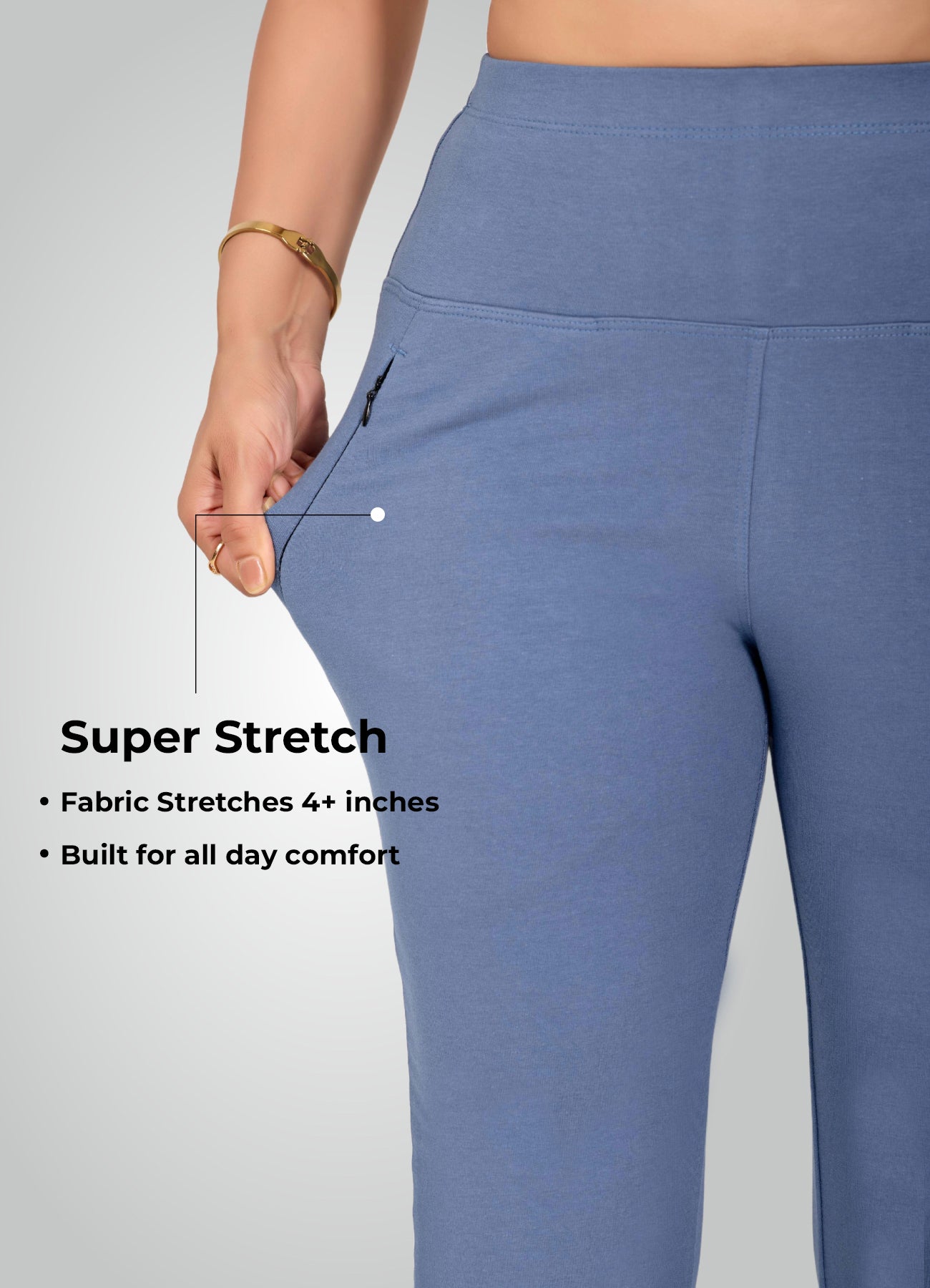 DENIM BLUE 4-WAY STRETCH COTTON HIGH WAIST PANT