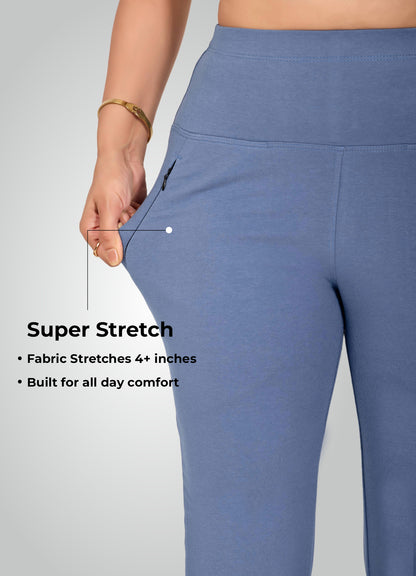 DENIM BLUE 4-WAY STRETCH COTTON HIGH WAIST PANT