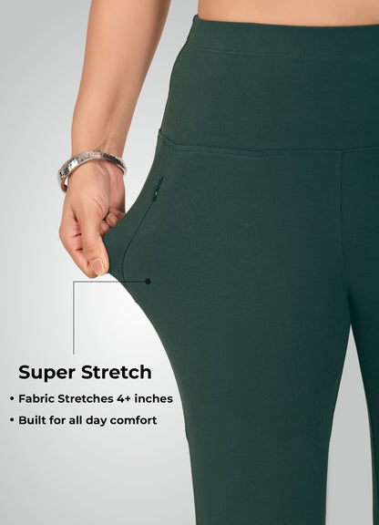 BOTTLE GREEN 4-WAY STRETCH COTTON HIGH WAIST CAPRI
