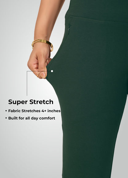 BOTTLE GREEN 4-WAY STRETCH COTTON HIGH WAIST PANT