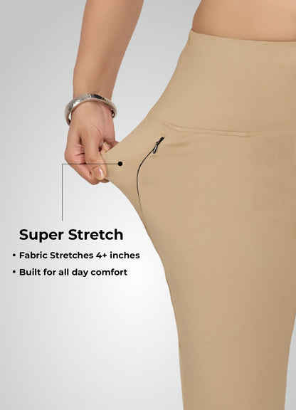 BEIGE 4-WAY STRETCH COTTON HIGH WAIST PANT