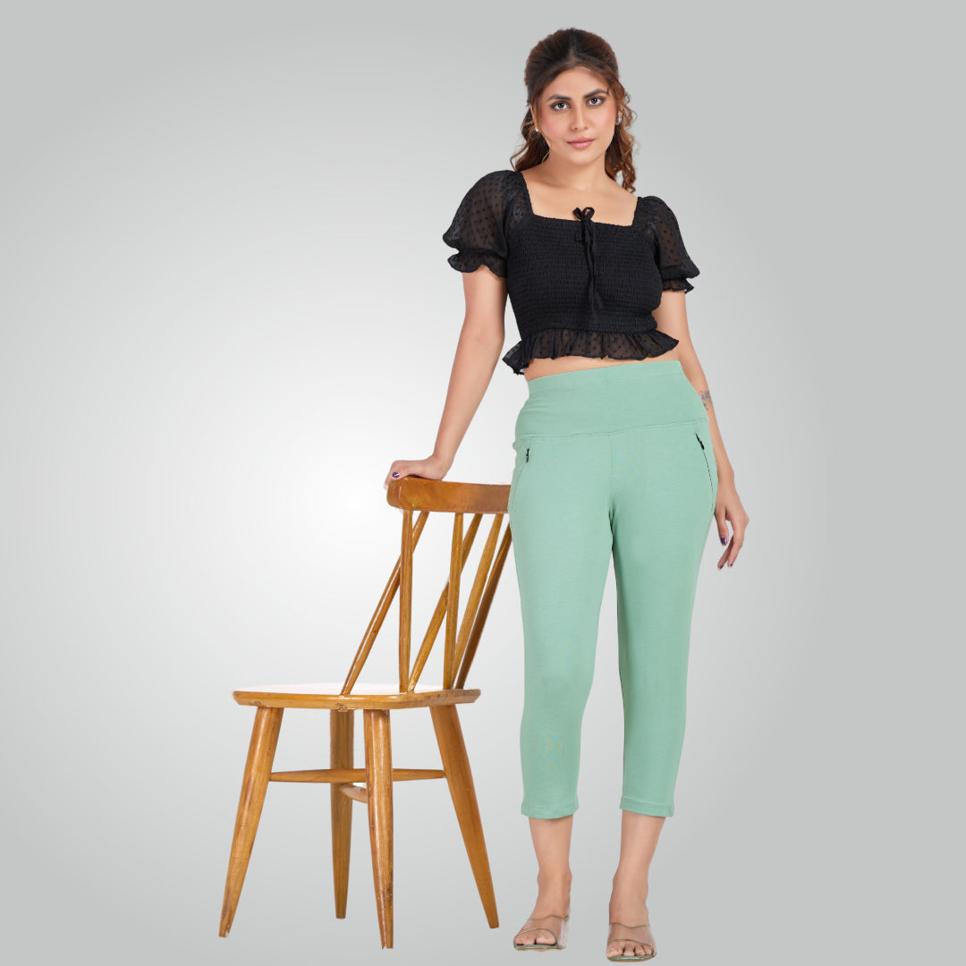 Mint Green High Waist All Day Cotton Lycra Capris