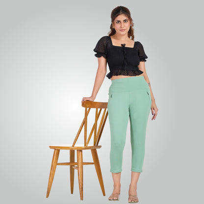 Mint Green High Waist All Day Cotton Lycra Capris