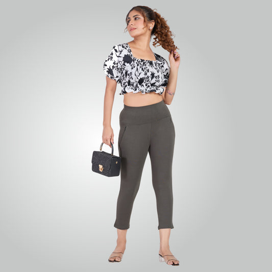 Dark Grey High Waist All Day Cotton Lycra Capris