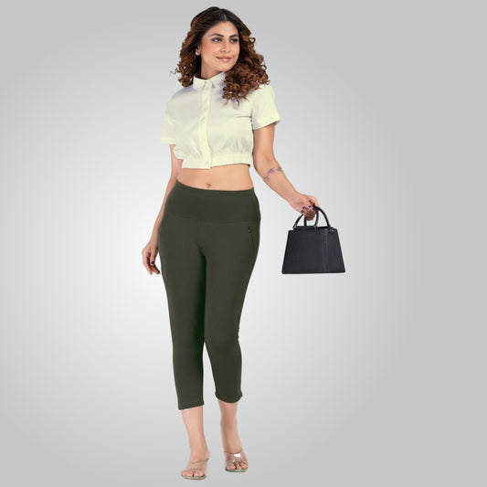 Olive Green High Waist All Day Cotton Lycra Capris