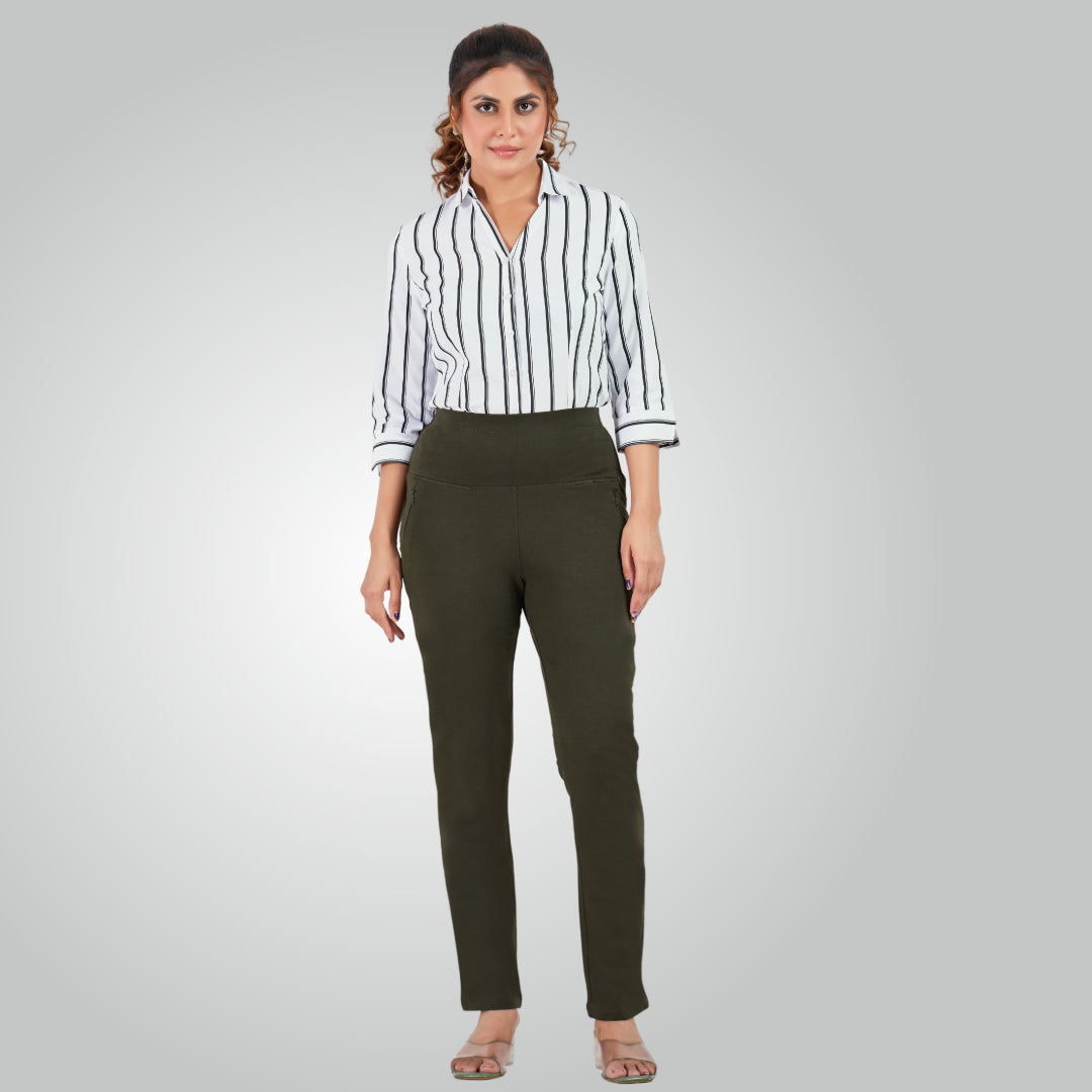 Olive Green High Waist All Day Cotton Lycra Pant
