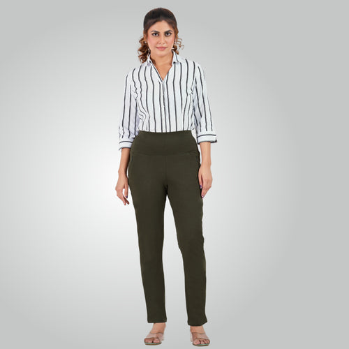 Olive Green High Waist All Day Cotton Lycra Pant