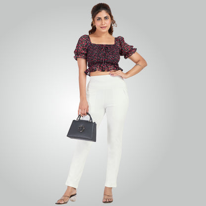 White High Waist All Day Cotton Lycra Pant