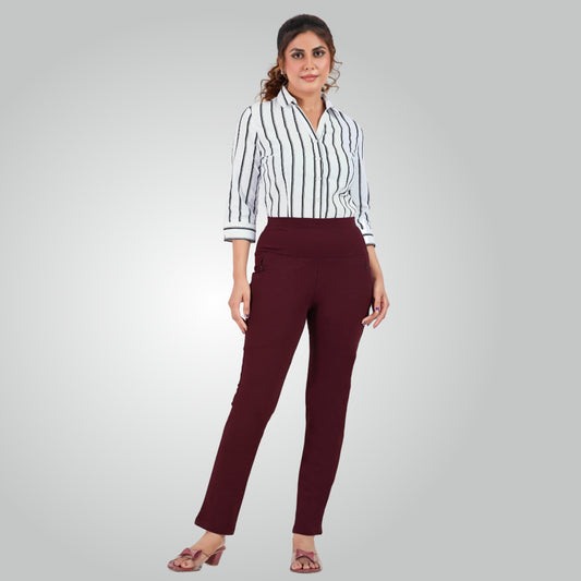 Wine High Waist All Day Cotton Lycra Pant