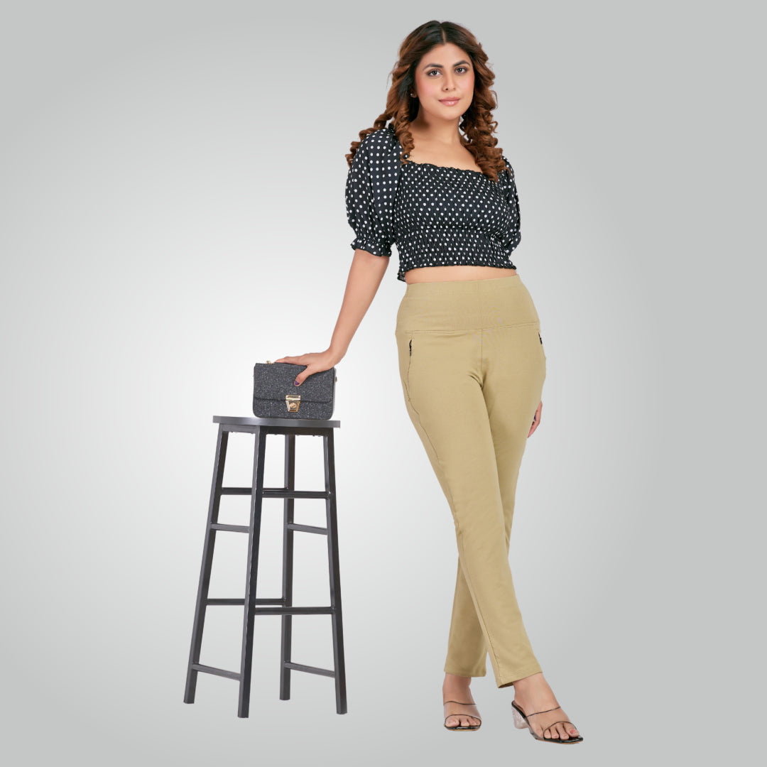 Beige High Waist All Day Cotton Lycra Pant