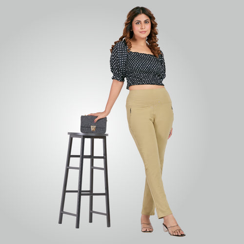 Beige High Waist All Day Cotton Lycra Pant