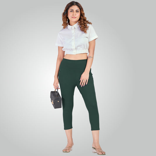 Bottle Green High Waist All Day Cotton Lycra Capris