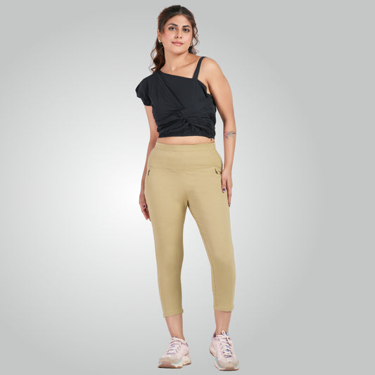 BEIGE 4-WAY STRETCH COTTON HIGH WAIST CAPRI