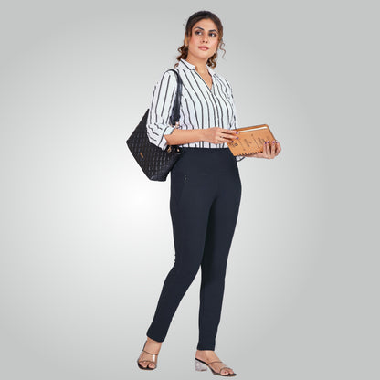 Navy Blue High Waist All Day Cotton Lycra Pant