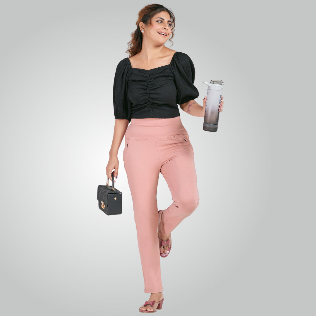 Flamingo Pink High Waist All Day Cotton Lycra Pant