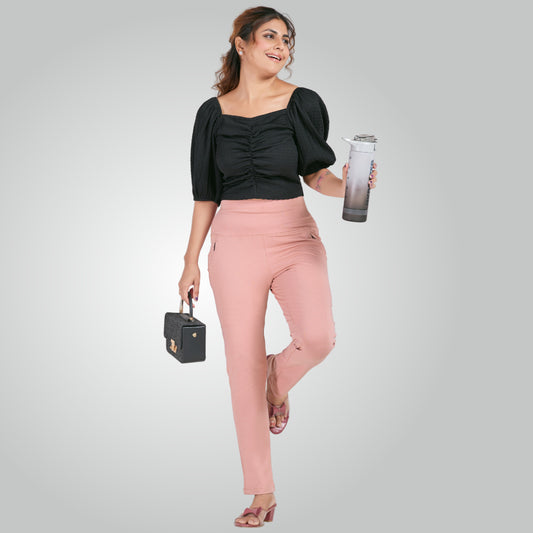 Flamingo Pink High Waist All Day Cotton Lycra Pant