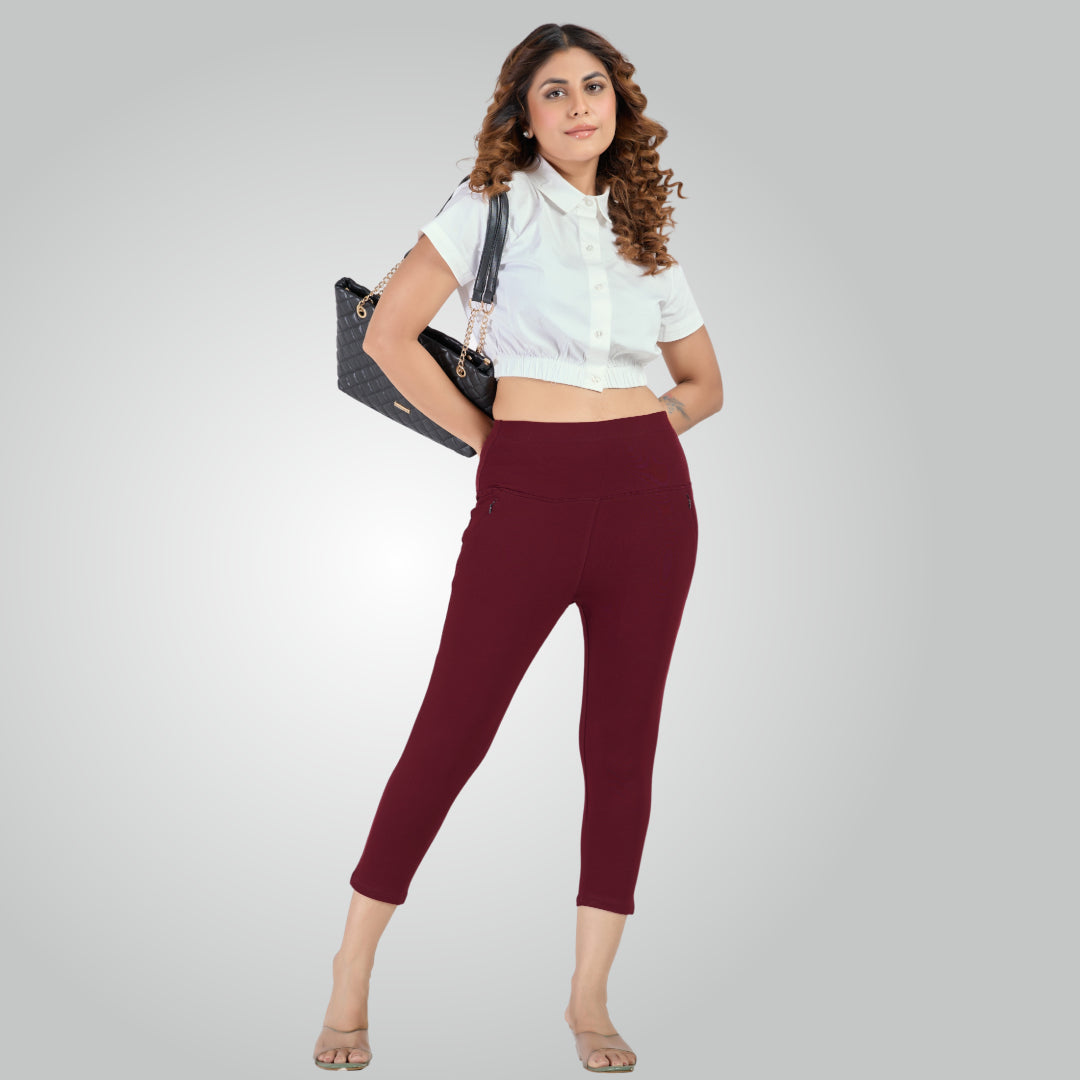 Wine High Waist All Day Cotton Lycra Capris