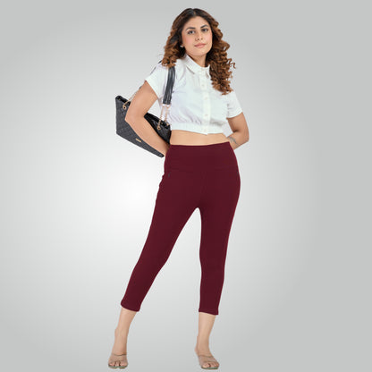Wine High Waist All Day Cotton Lycra Capris