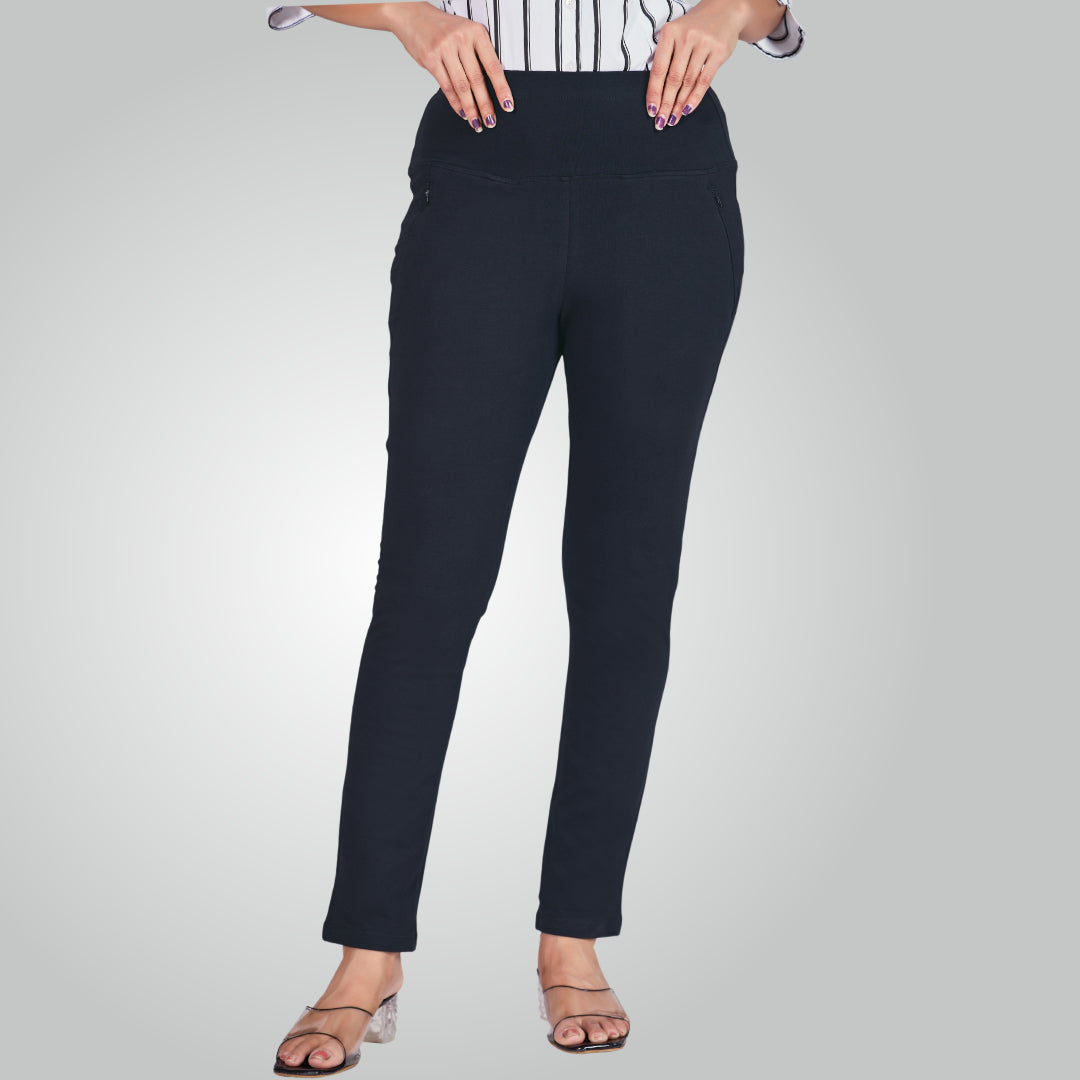Navy Blue High Waist All Day Cotton Lycra Pant