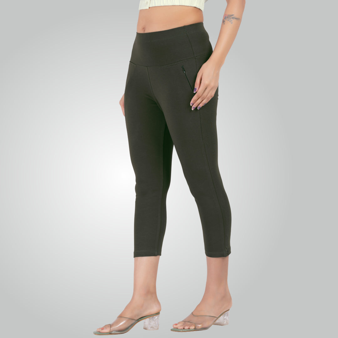 Olive Green High Waist All Day Cotton Lycra Capris
