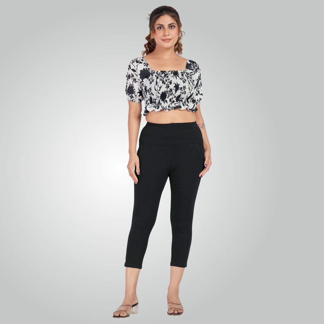 Black High Waist All Day Cotton Lycra Capris