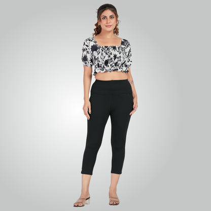 Black High Waist All Day Cotton Lycra Capris