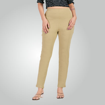 Beige High Waist All Day Cotton Lycra Pant