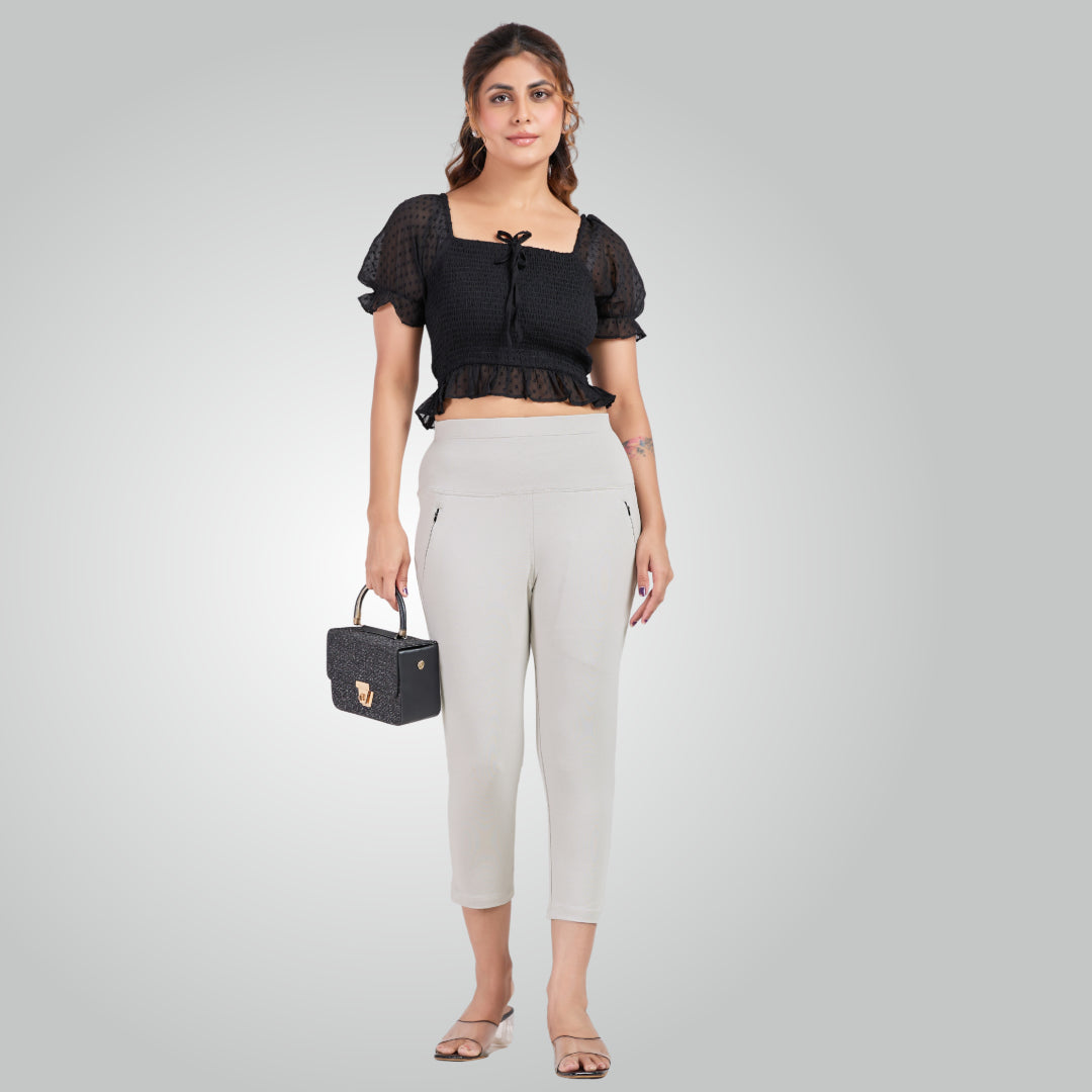 Ice Grey High Waist All Day Cotton Lycra Capris