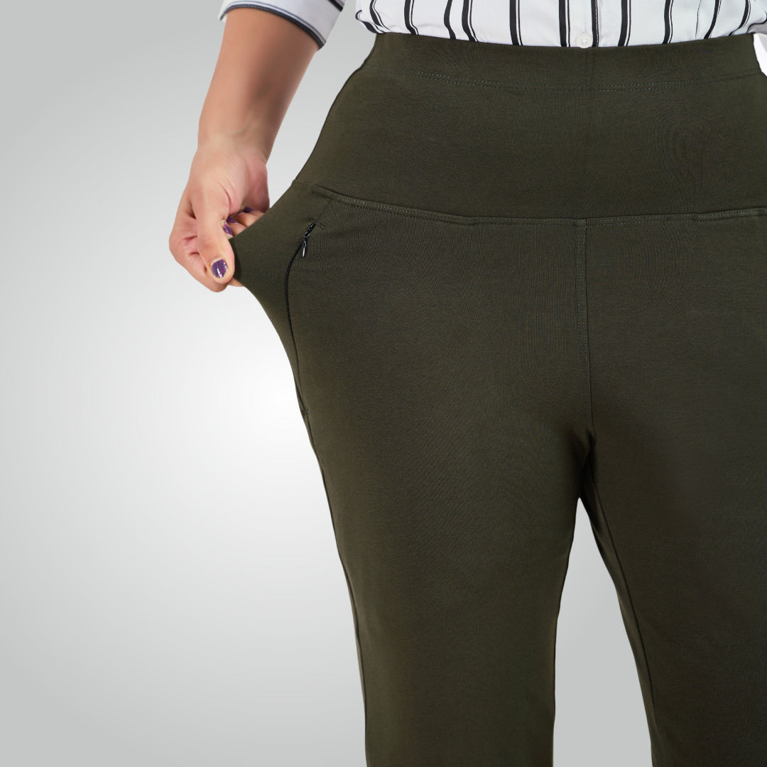 Olive Green High Waist All Day Cotton Lycra Pant