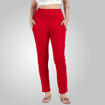 Red High Waist All Day Cotton Lycra Pant