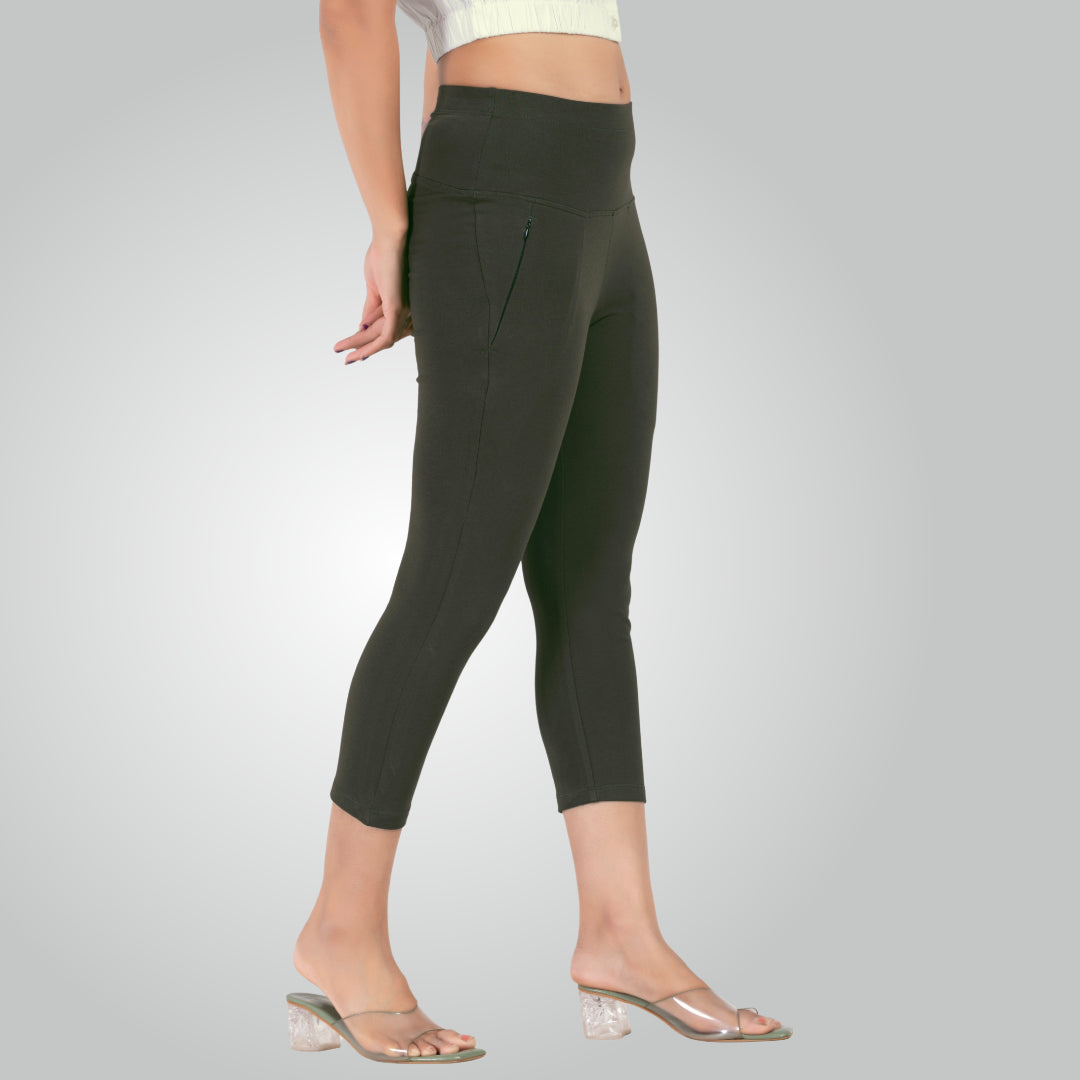 Olive Green High Waist All Day Cotton Lycra Capris