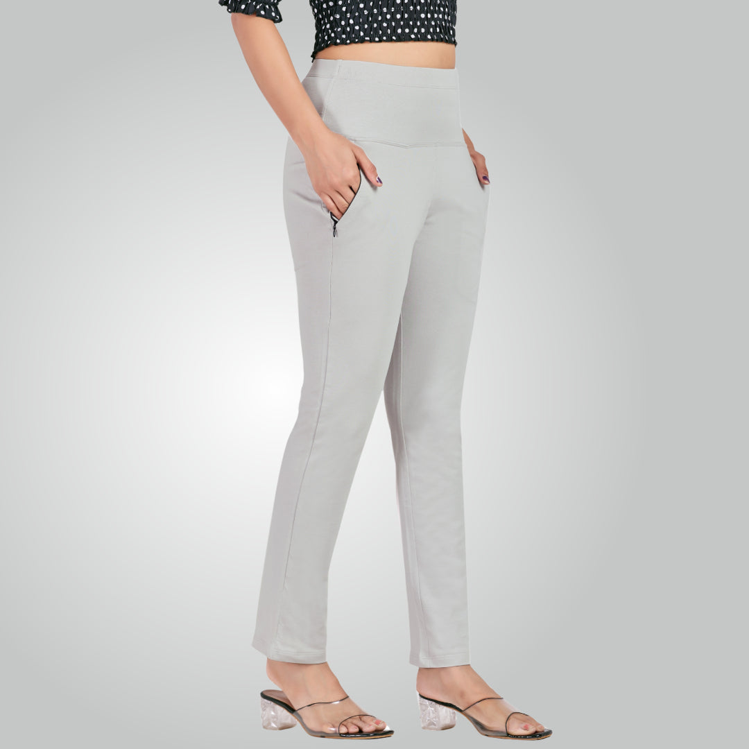 Ice Grey High Waist All Day Cotton Lycra Pant