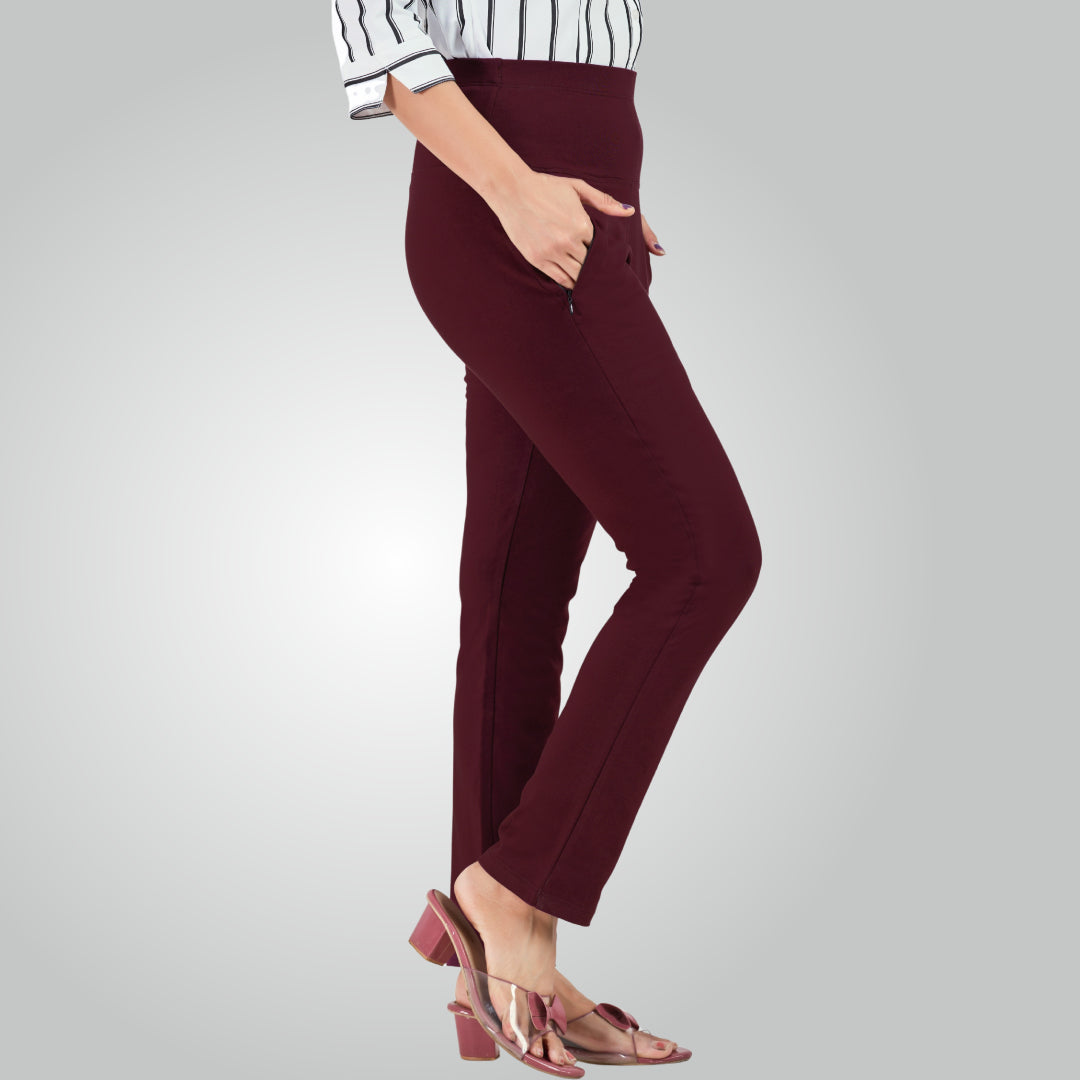 Wine High Waist All Day Cotton Lycra Pant